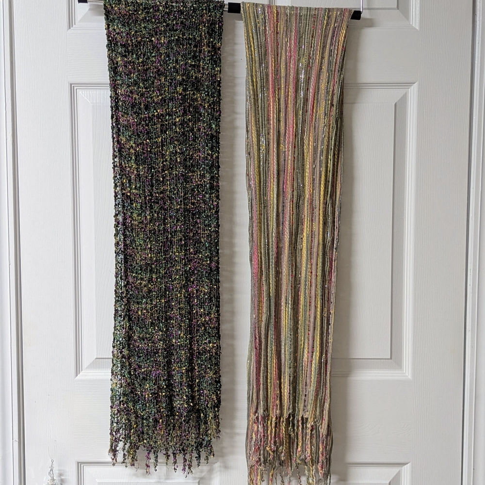 Pair of Textured Fringe Scarves - Multicolor & Pastel Stripe